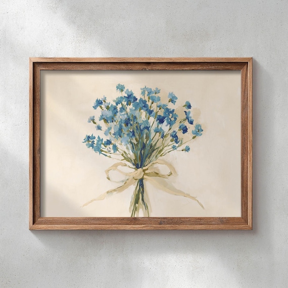 Printed Blue Wildflowers Bouquet Poster Soft Neutral Tones Cottagecore Botanical Art Vintageinspired Print Cozy Home Decor P385