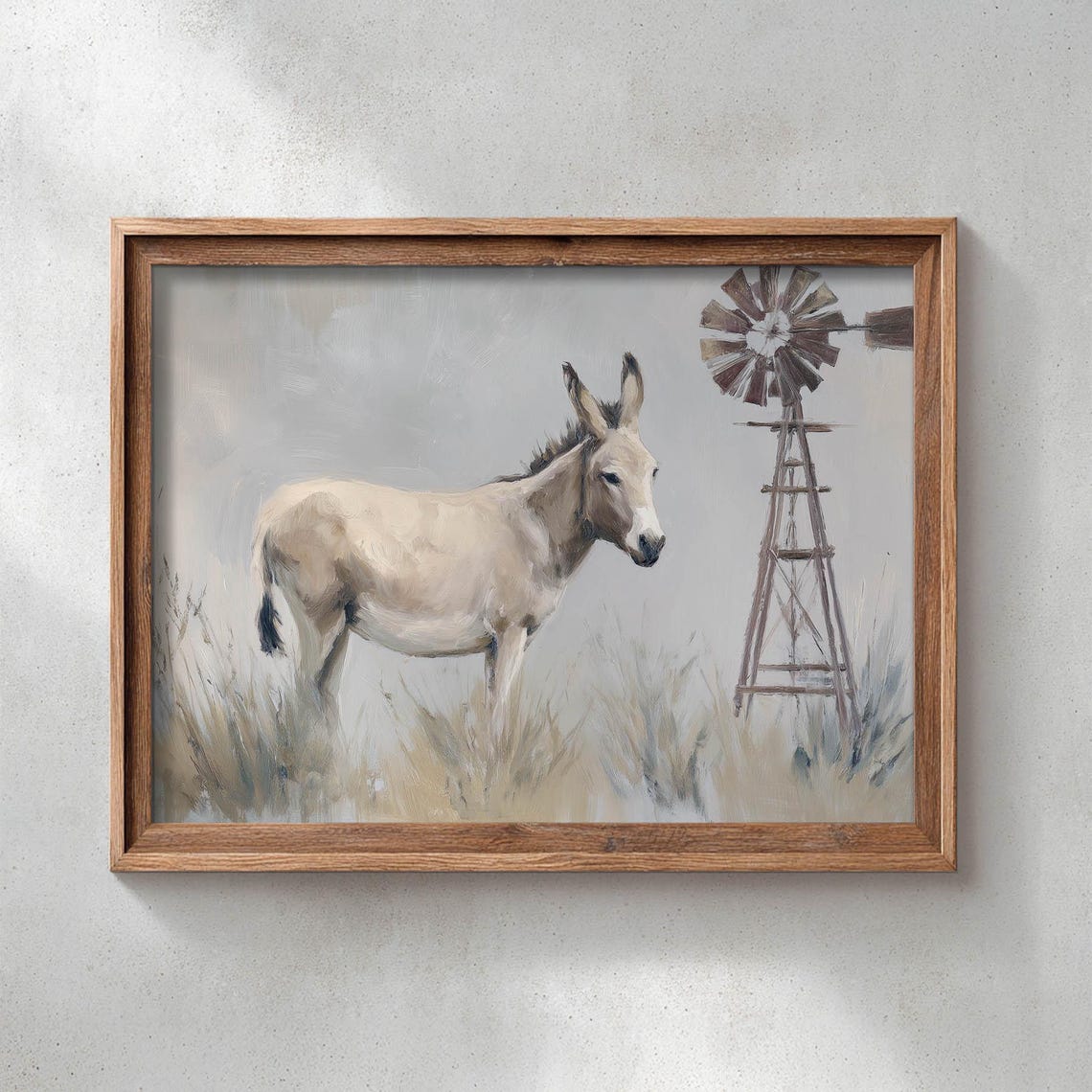 Cream Donkey Beside Prairie Windmill Rustic Landscape Farmhouse Poster