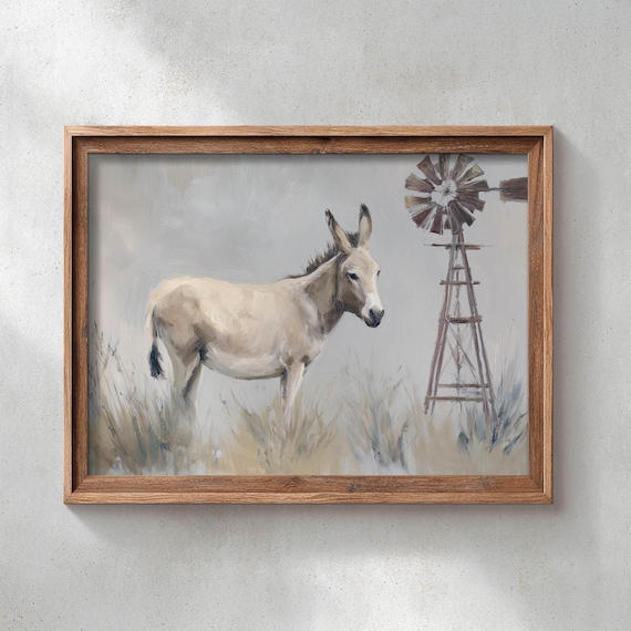 Printed Cream Donkey Prairie Windmill Rustic Landscape Poster Muted Tan Brown Tones Vintage Western Decor Oil Paint Style 0620