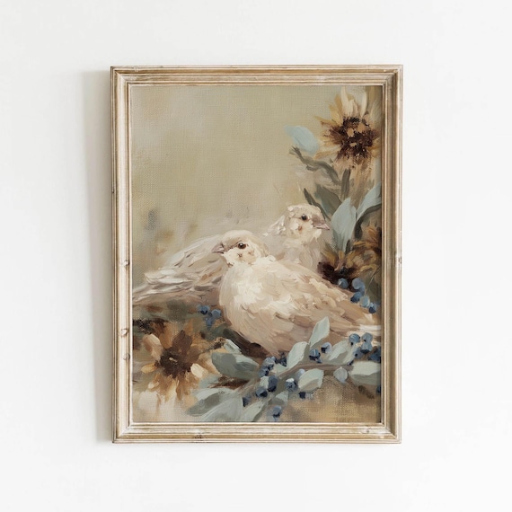 Two White Doves Flowers Muted Romantic Vintage Wedding Wall Art