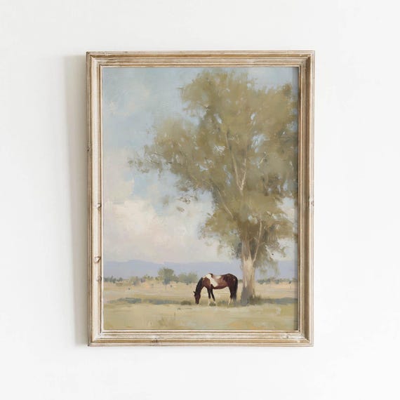 Sage Green Horse Grazing Vintage Countryside Printable Wall Art Rustic Meadow Landscape Decor Digital Download 543
