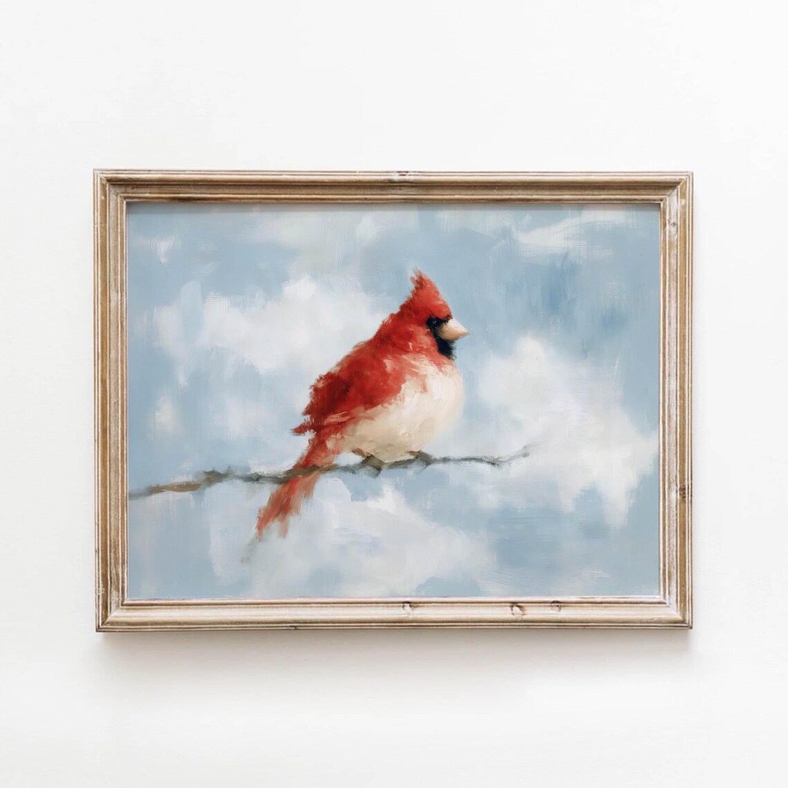 Bright Red Cardinal Painting, Cottagecore Bird Art Print