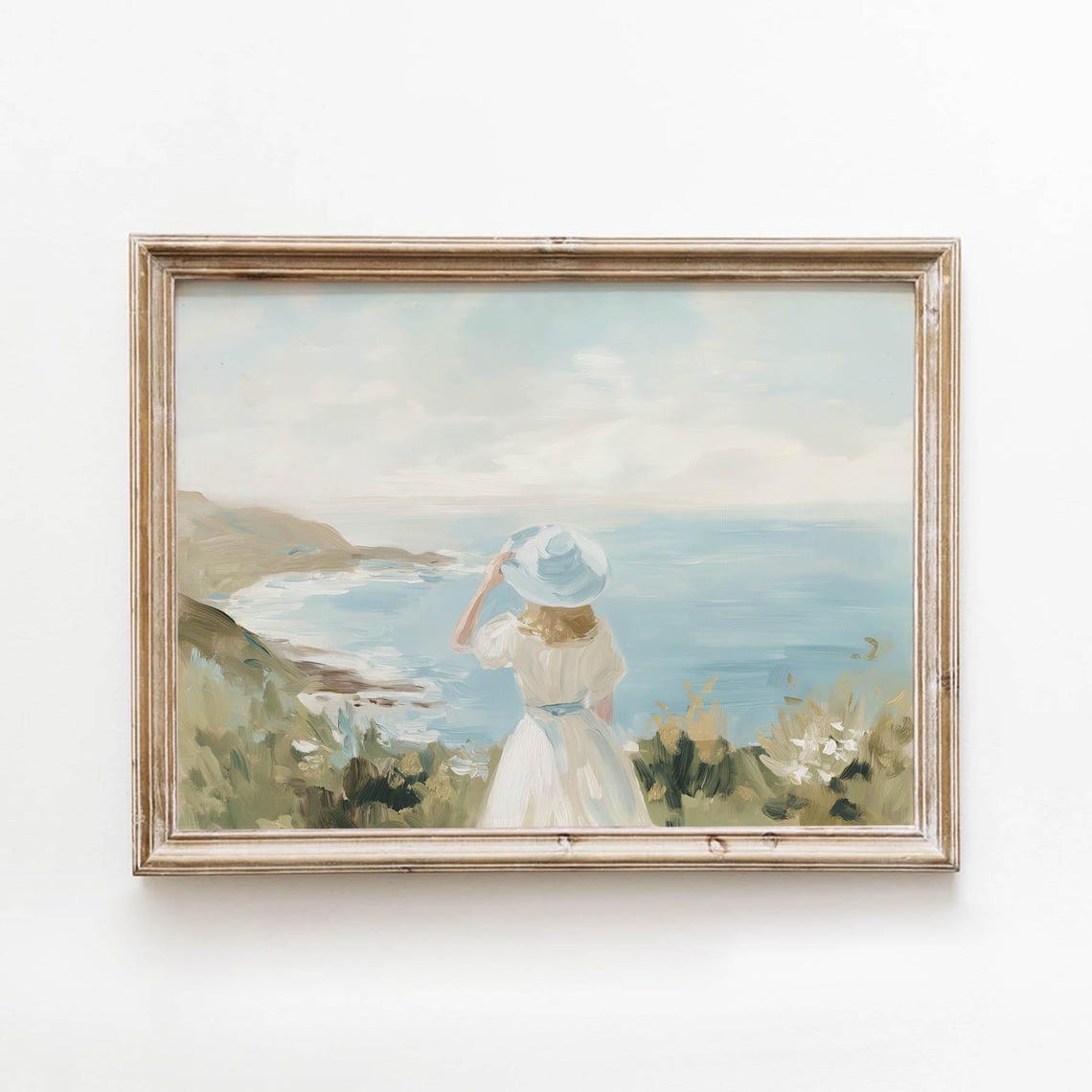 Woman in White Dress Overlooking the Coast Vintage Art Print