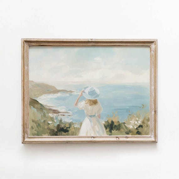 White Dress Woman Printable Coastal Cottagecore Wall Art Vintage Decor Calm Feminine Muted Blue Download 0297