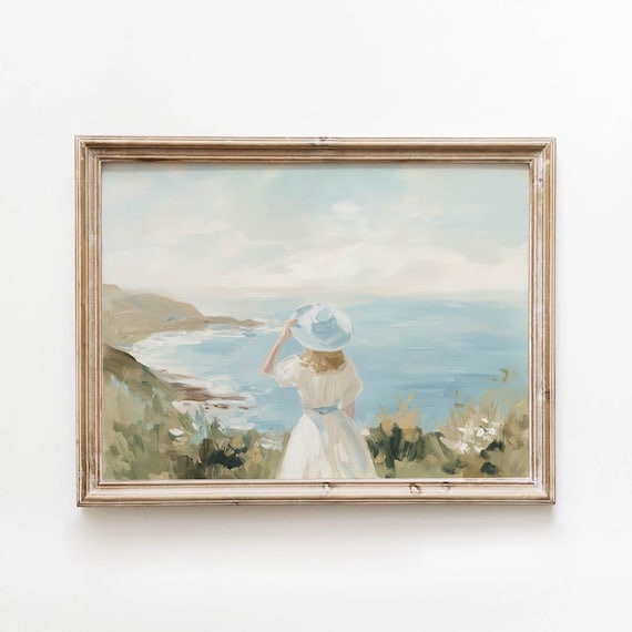 Woman in White Dress Overlooking the Coast Vintage Art Print
