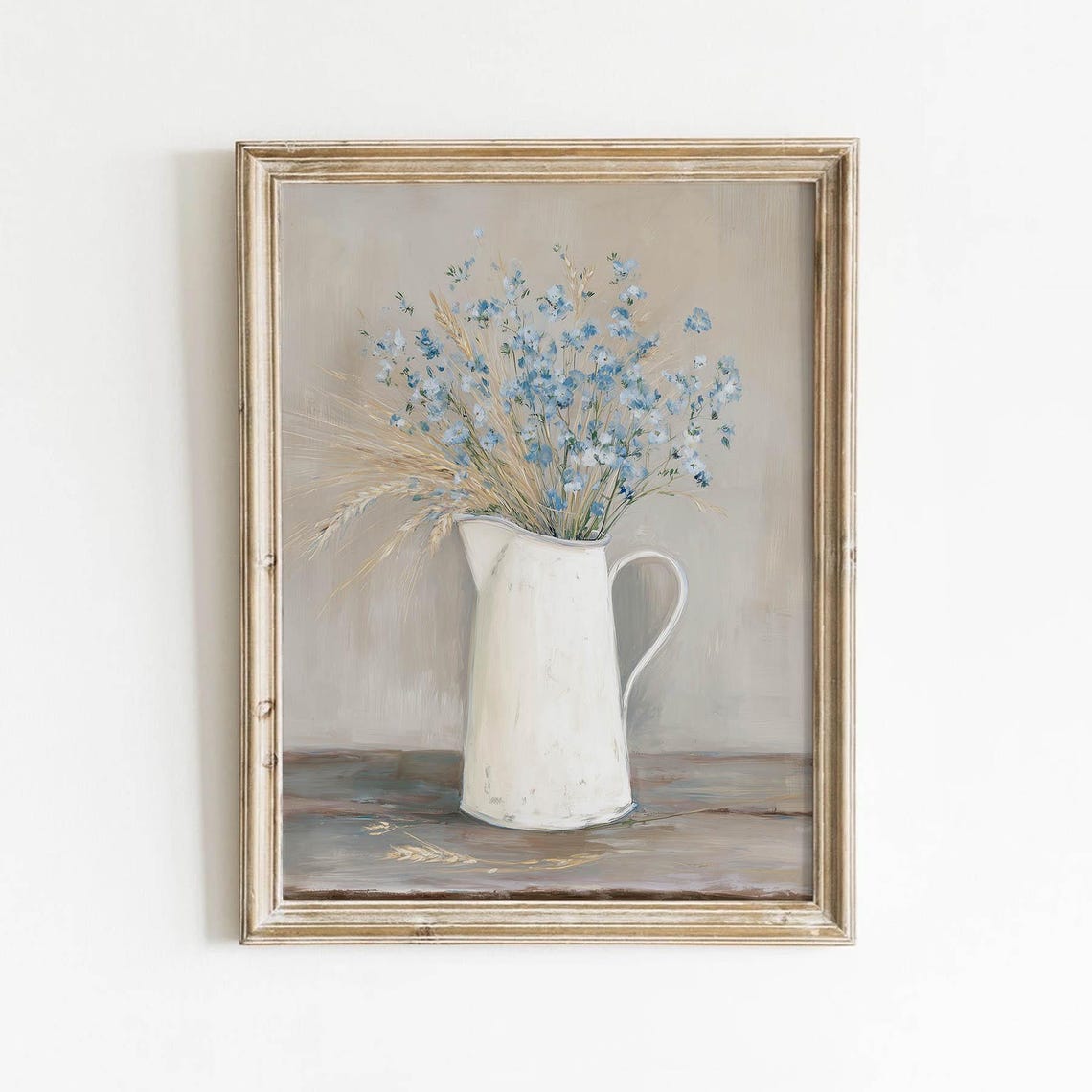 Blue Wildflowers And Wheat In White Pitcher Vintage Still Life Poster