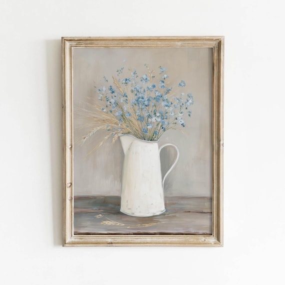 Blue Wildflowers And Wheat In White Pitcher Vintage Still Life Poster
