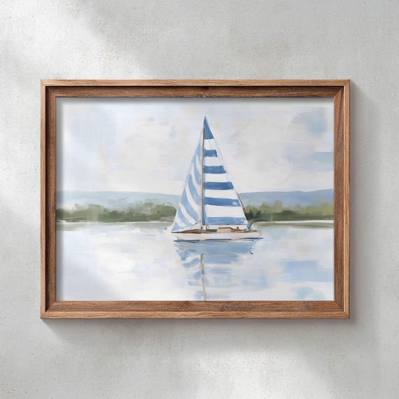 Printed Sailboat Blue Striped Sails Coastal Wall Art Romantic Summer Water Scene Vintage Nautical Decor Muted Grey P648