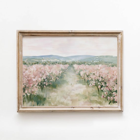 Printable Blooming Orchard Pathway Landscape Spring Vintage Painting Pink Flowering Trees Cottagecore Nature Art Digital Download 758
