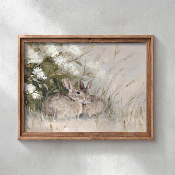 Cottontail Rabbits Nestled In Wildflower Meadow Muted Neutral Poster