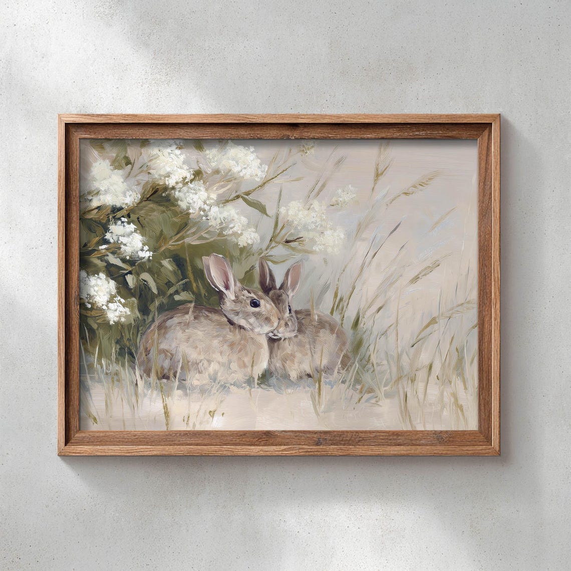 Cottontail Rabbits Nestled In Wildflower Meadow Muted Neutral Poster