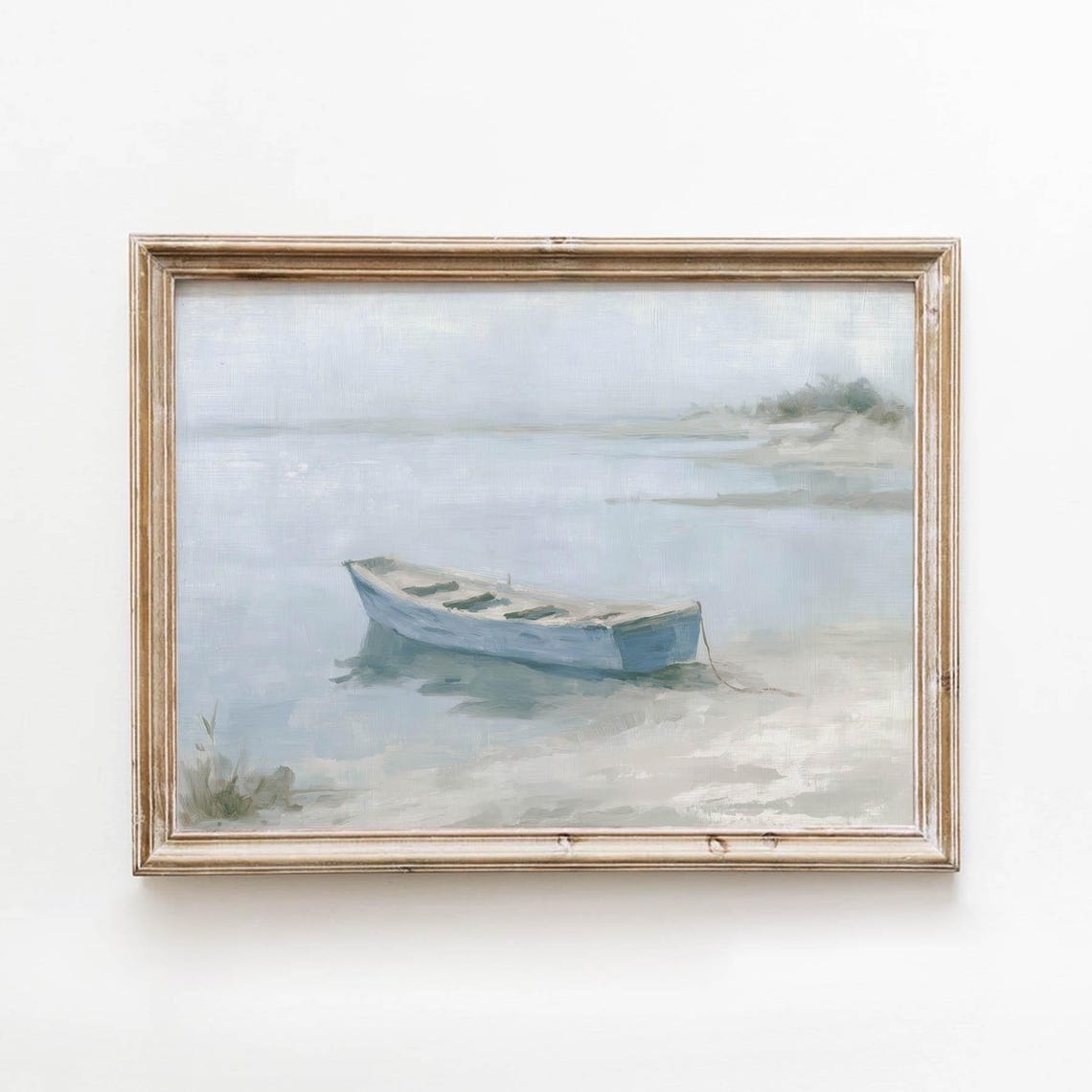 Wooden Rowboat in Shallow Water Muted Coastal Painting Poster