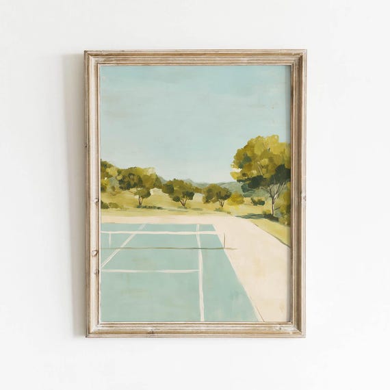 Tennis Court Illustration On Aqua Surface Printable Wall Art Pastel Summer Decor Retro Cottage Aesthetic Digital Download 0298