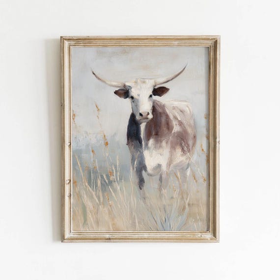 Muted Longhorn Cattle Print Rustic Golden Field Printable Wall Art Vintage Farmhouse Decor Digital Download 598