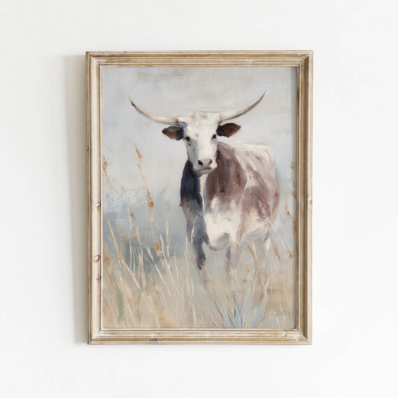 Muted Longhorn Cow in Golden Field Vintage Rustic Art Poster