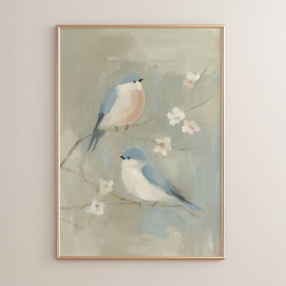 Two Bluebirds on Blossom Branch Soft Blue Nursery Art Poster