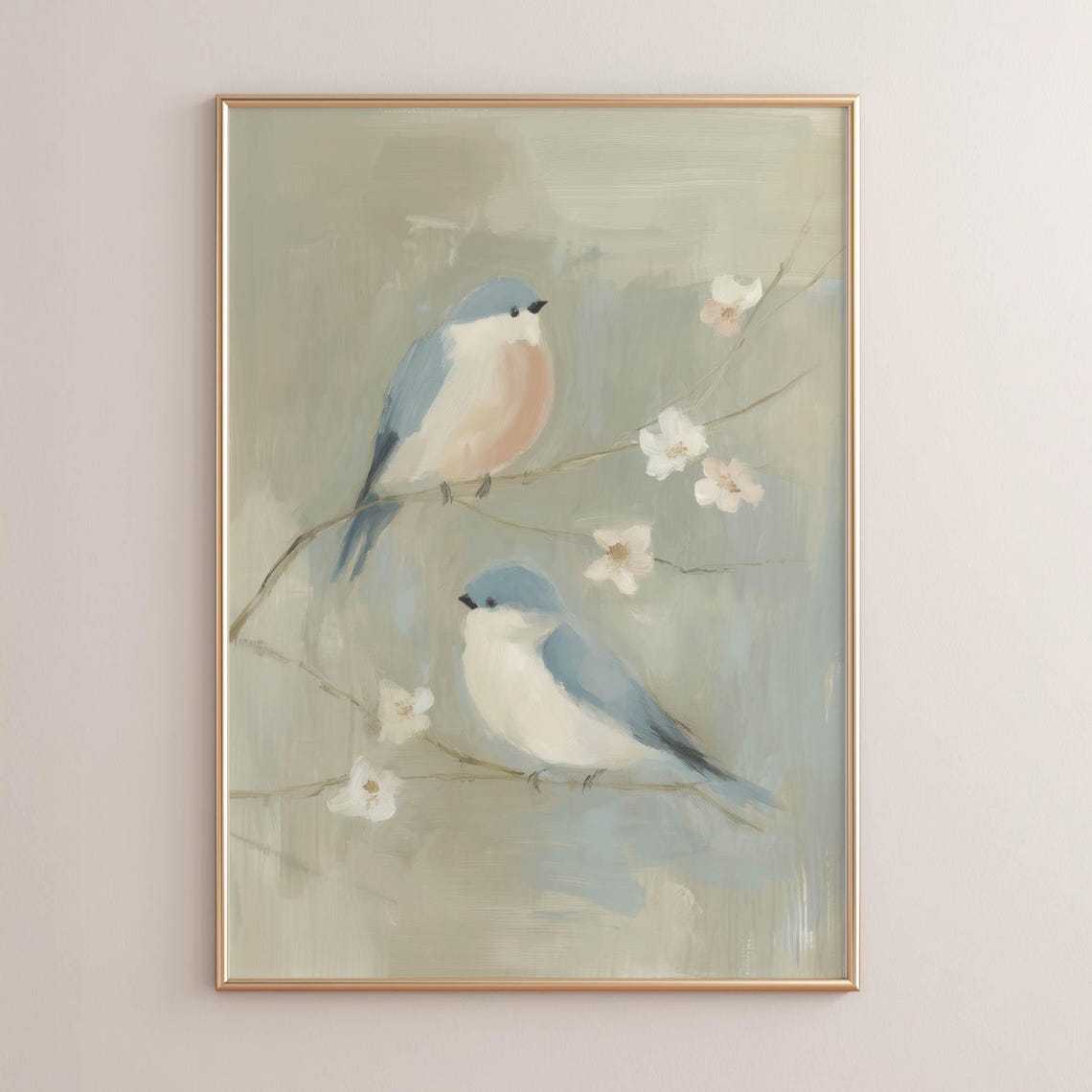 Two Bluebirds on Blossom Branch Soft Blue Nursery Art Poster