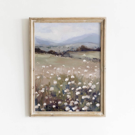 Neutral Wildflower Meadow Landscape Vintage Muted Floral Art Print