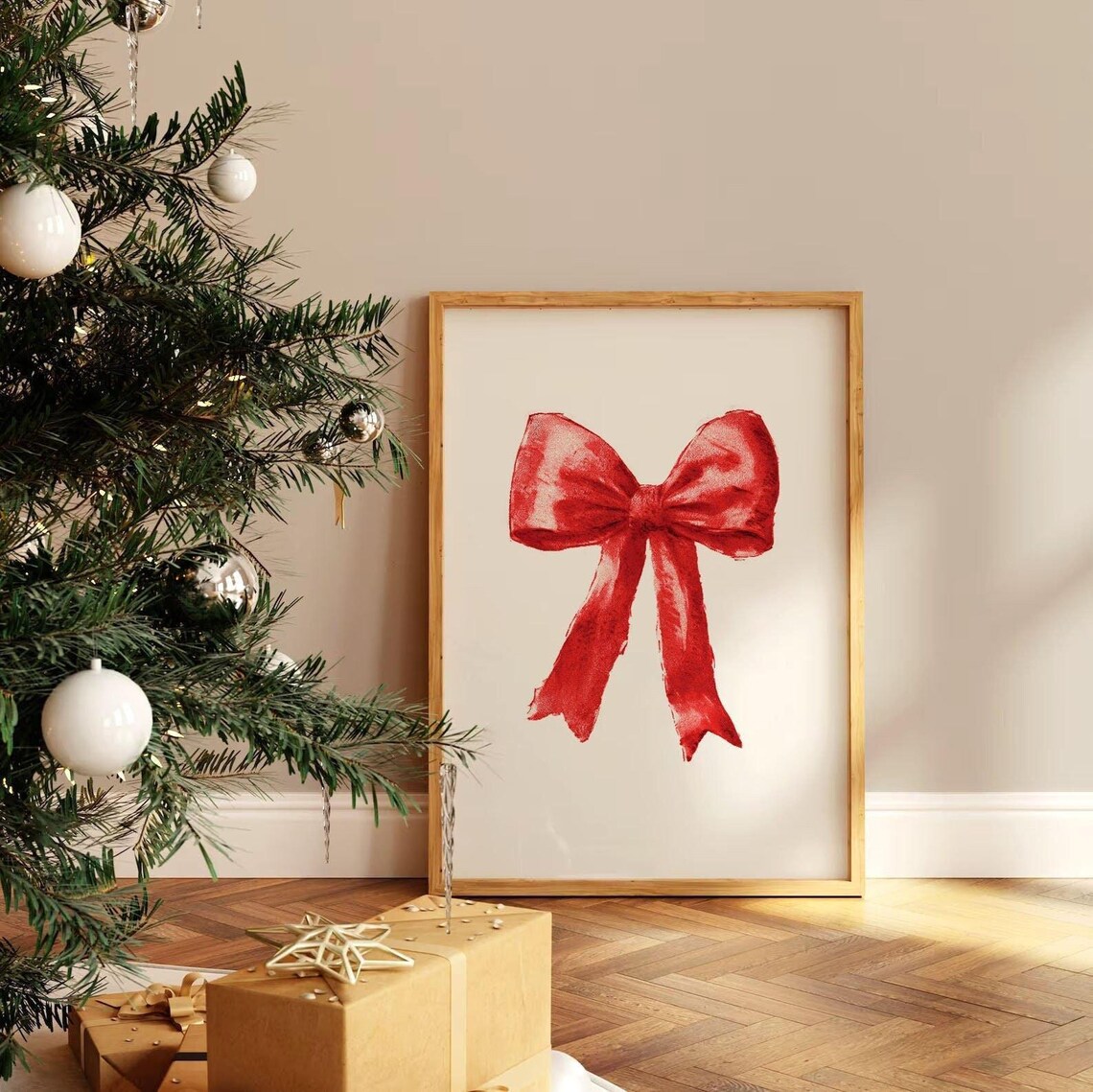 Vintage Red Christmas Bow Art Print, Holiday Decor