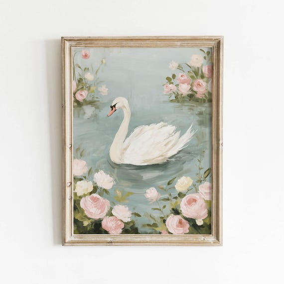 Swan In Pastel Pond Scene Printable Wall Art Pink Roses With Green Foliage Cottagecore Romantic Decor Digital Download 0275