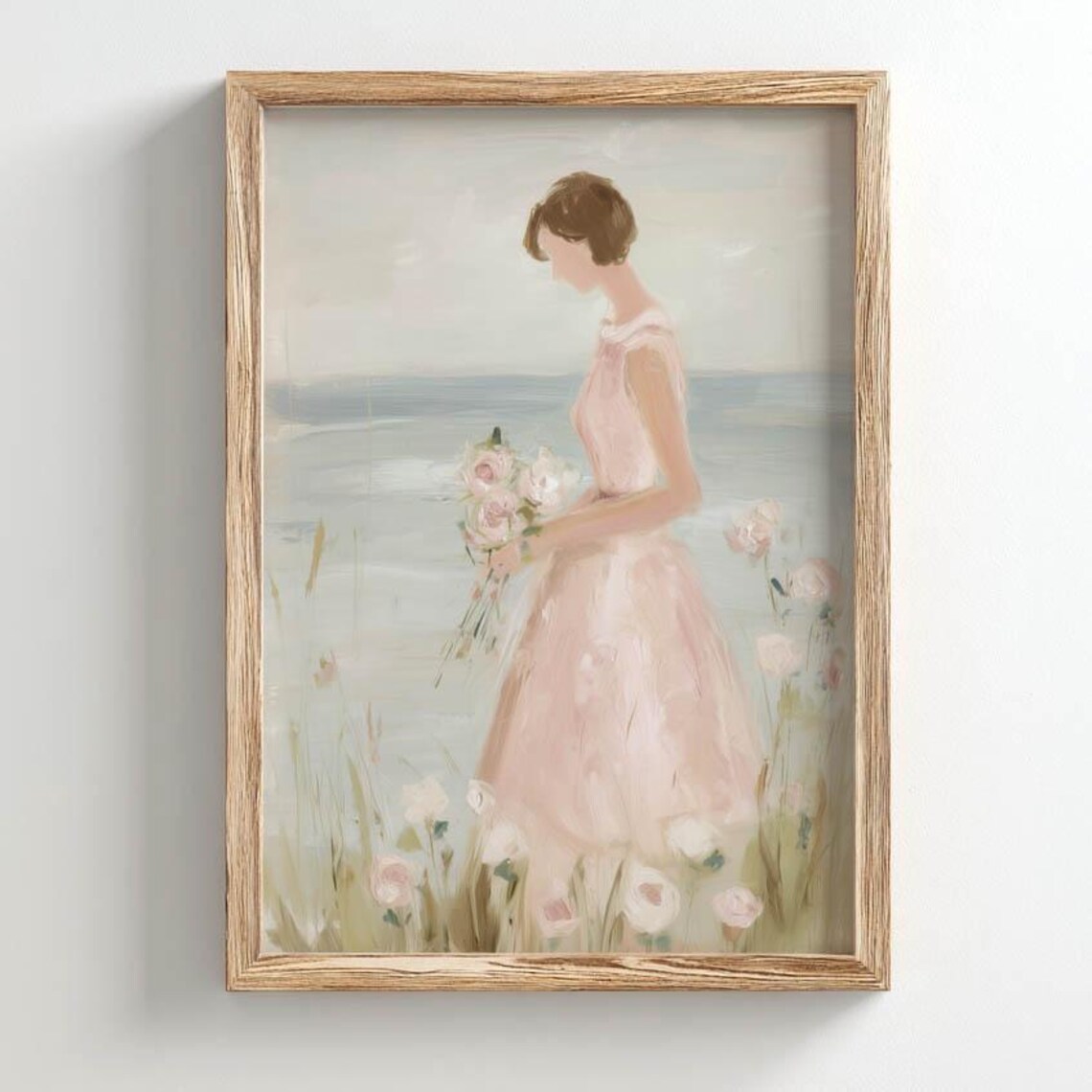 Woman In Pink Dress Holding Bouquet, Poster Print