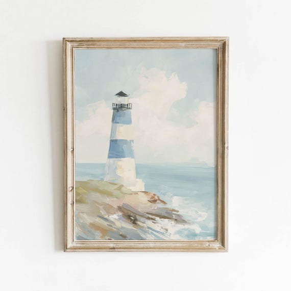 Lighthouse On Rocky Shore Printable Wall Art Pastel Nautical Summer Coastal Decor Retro Coquette Beachy Scene Digital Download 0286