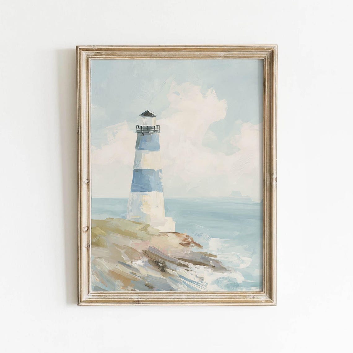 Striped Lighthouse On Rocky Shore Pastel Nautical Poster Art Decor
