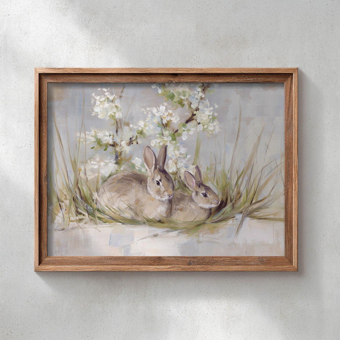 Two Brown Rabbits Resting In Grass Spring Blossom Painting Poster