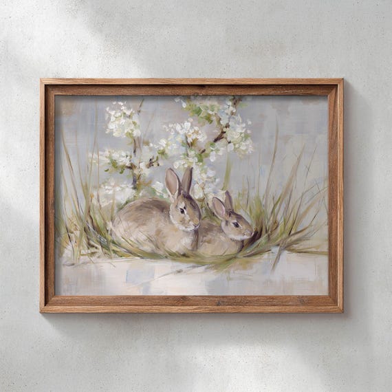 Printed Brown Rabbits Resting In Grass White Blossom Branch Muted Beige Sage Green Dusty Blue Cottagecore Spring Easter Wall Art 0503