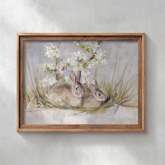 Two Brown Rabbits Resting In Grass Spring Blossom Painting Poster