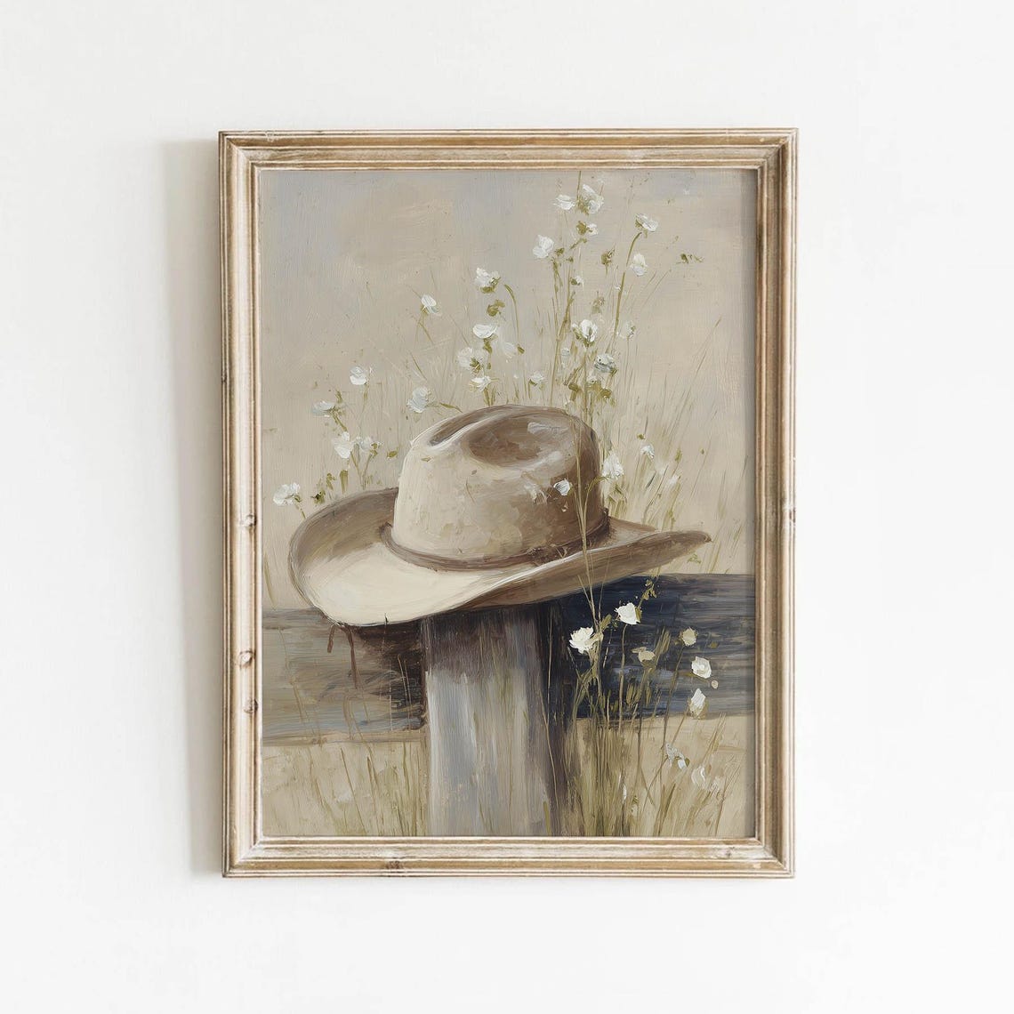 Cowboy Hat on Fence Post With Wildflowers Rustic Western Wall Print
