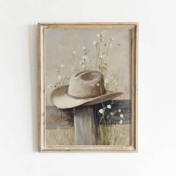 Cowboy Hat on Fence Post With Wildflowers Rustic Western Wall Print