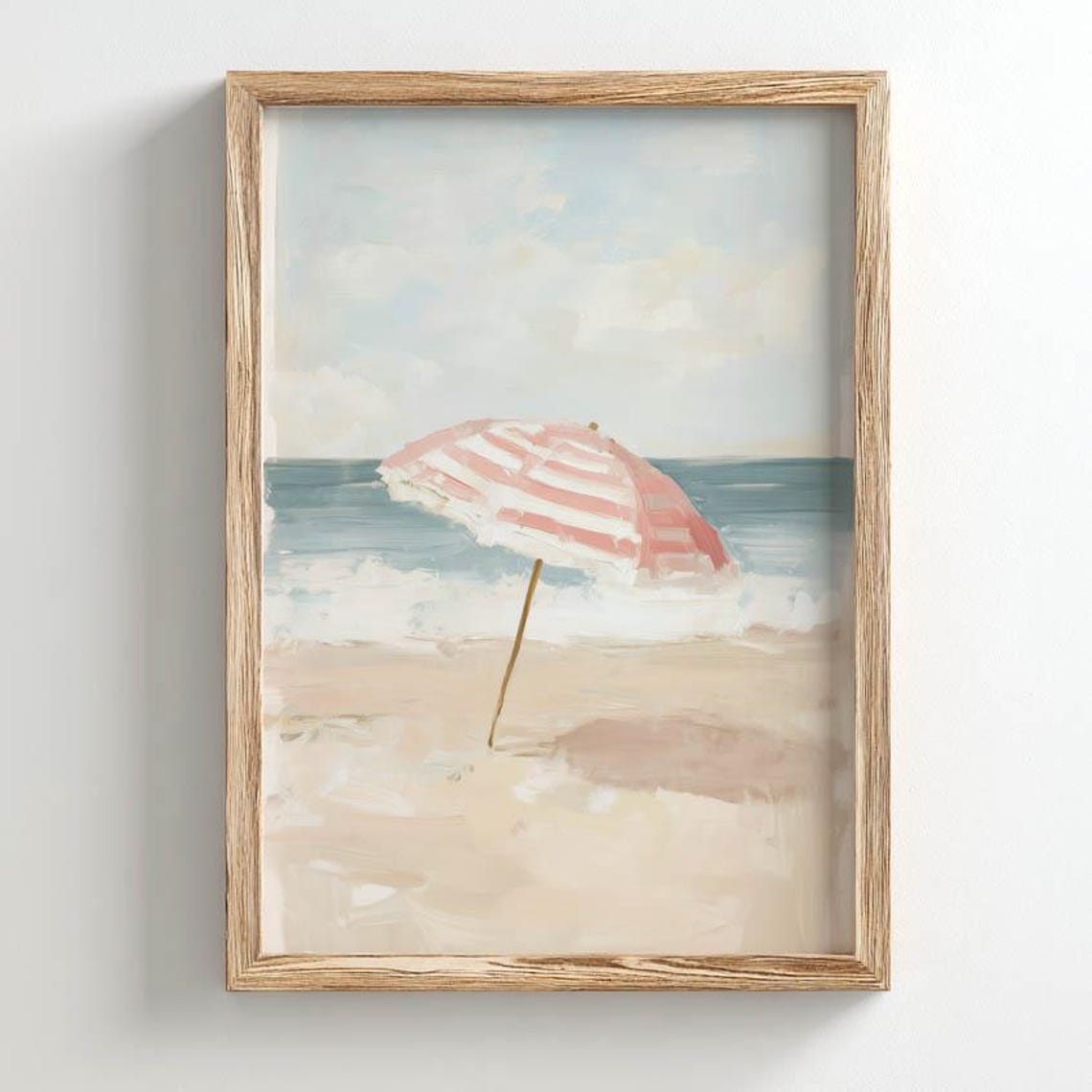 Pink Striped Beach Umbrella Quiet Sandy Shore Painting Poster