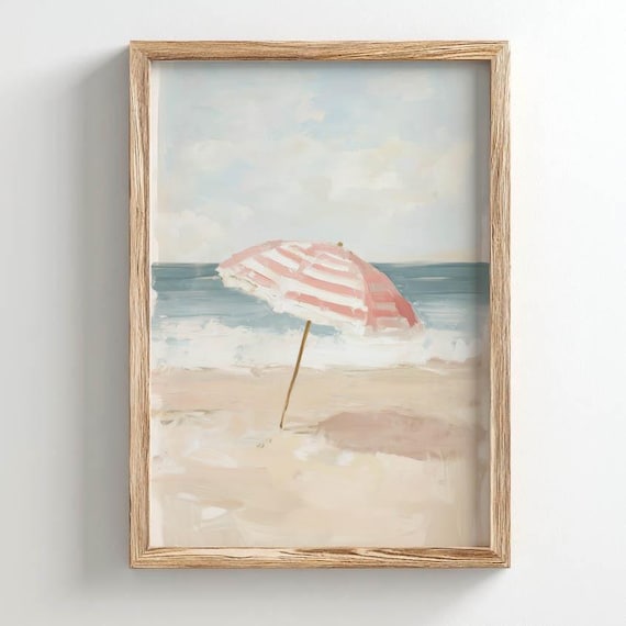Pink Striped Beach Umbrella Quiet Sandy Shore Painting Poster