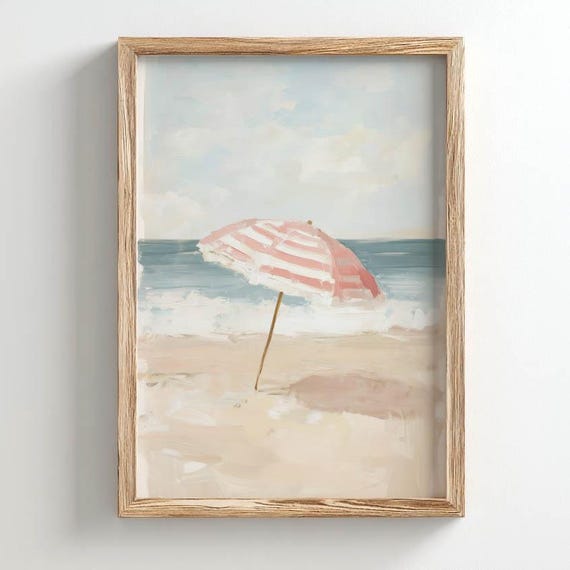 Printed Pinkwhite Beach Umbrella Poster Pastel Coastal Decor In Minimalist Style Turquoise Waves And Light Sky Wall Art P270