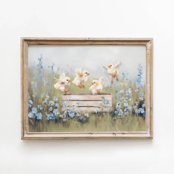 Fluffy Baby Chicks Playing In Blue Wildflower Field Vintage Poster