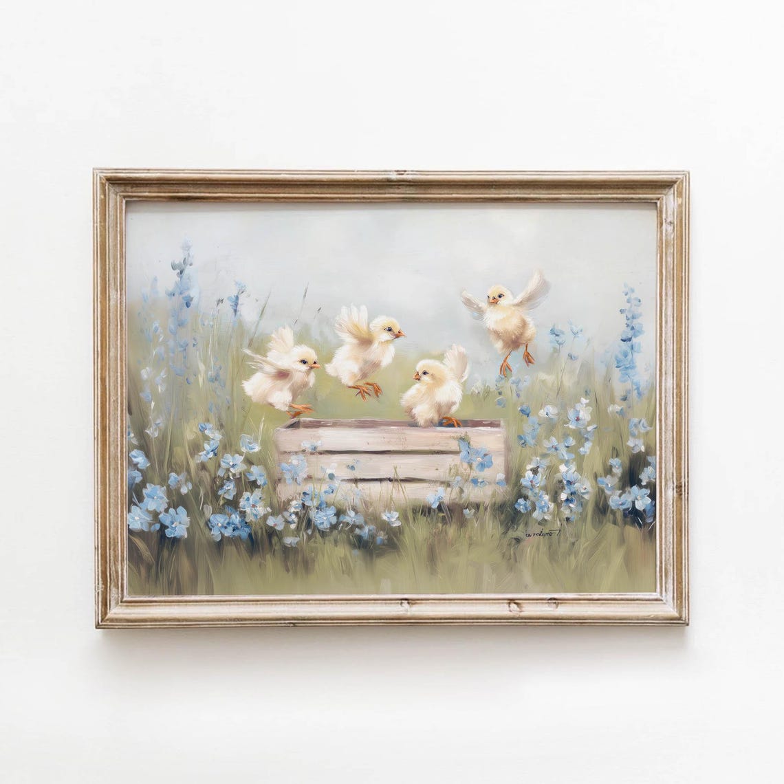 Fluffy Baby Chicks Playing In Blue Wildflower Field Vintage Poster