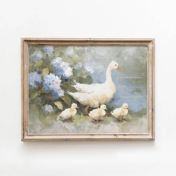 Mother Goose Goslings Printable Spring Summer Wall Art Country Room Decor Soft Blue And Cream Aesthetic Lakeside Retro Download 206