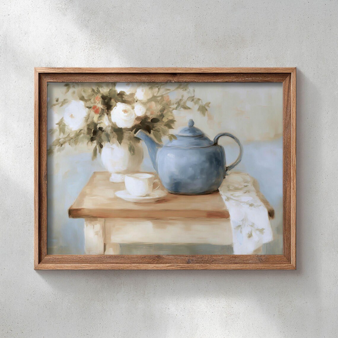 Cozy Farmhouse Blue Teapot Still Life, Vintage Style Art Print