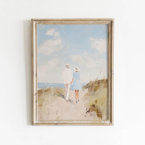 Beach Path Couple Straw Hats Printable Pastel Retro Romantic Art Coastal Neutral Home Decor Impressionist Digital Download 0296