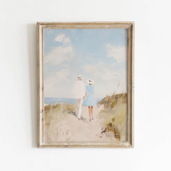 Couple With Straw Hats Walking a Beach Path Romantic Summer Poster