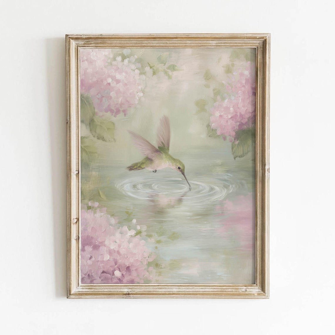 Hummingbird Pink Blossoms Soft Watercolor Bird Garden Art Poster