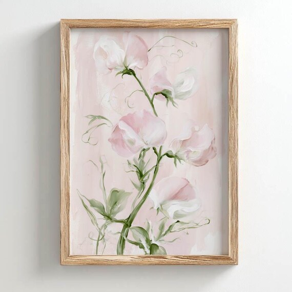Printed Sweet Pea Flowers Botanical Art Soft Pink Blush Vintage Cottage Wall Decor Romantic Floral Painting Farmhouse Print P767