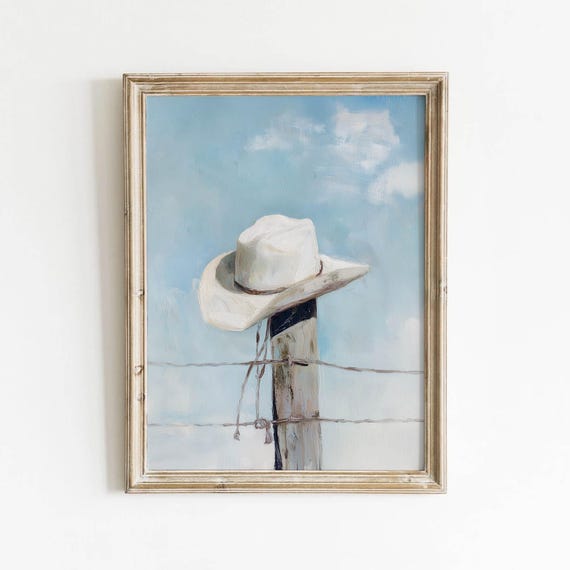 Muted White Cowboy Hat Rustic Fence Post Printable Vintage Western Wall Art Soft Blue Sky Decor Farmhouse Painting Neutral Download 625