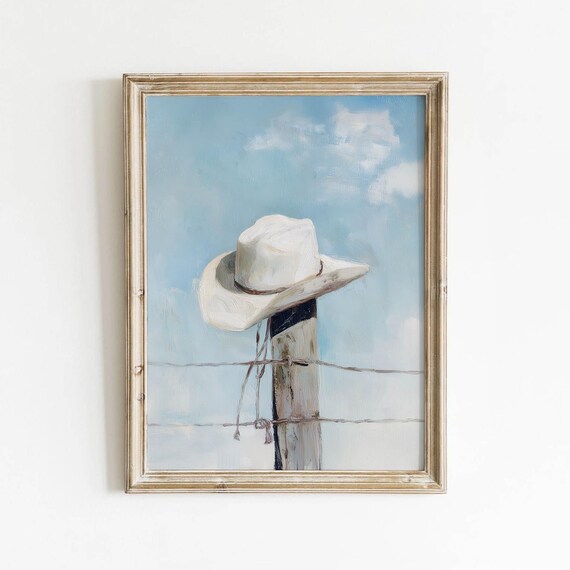 White Cowboy Hat on Fence Post Blue Sky Rustic Western Poster