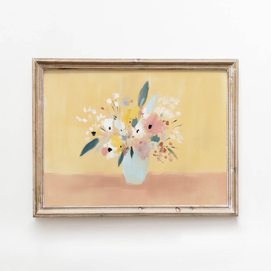 Pastel Bouquet In Vase Yellow Background Soft Floral Still Life Poster