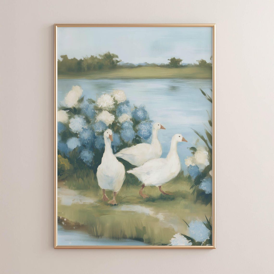Three White Geese by Lake With Hydrangeas Pastoral Bird Wall Art