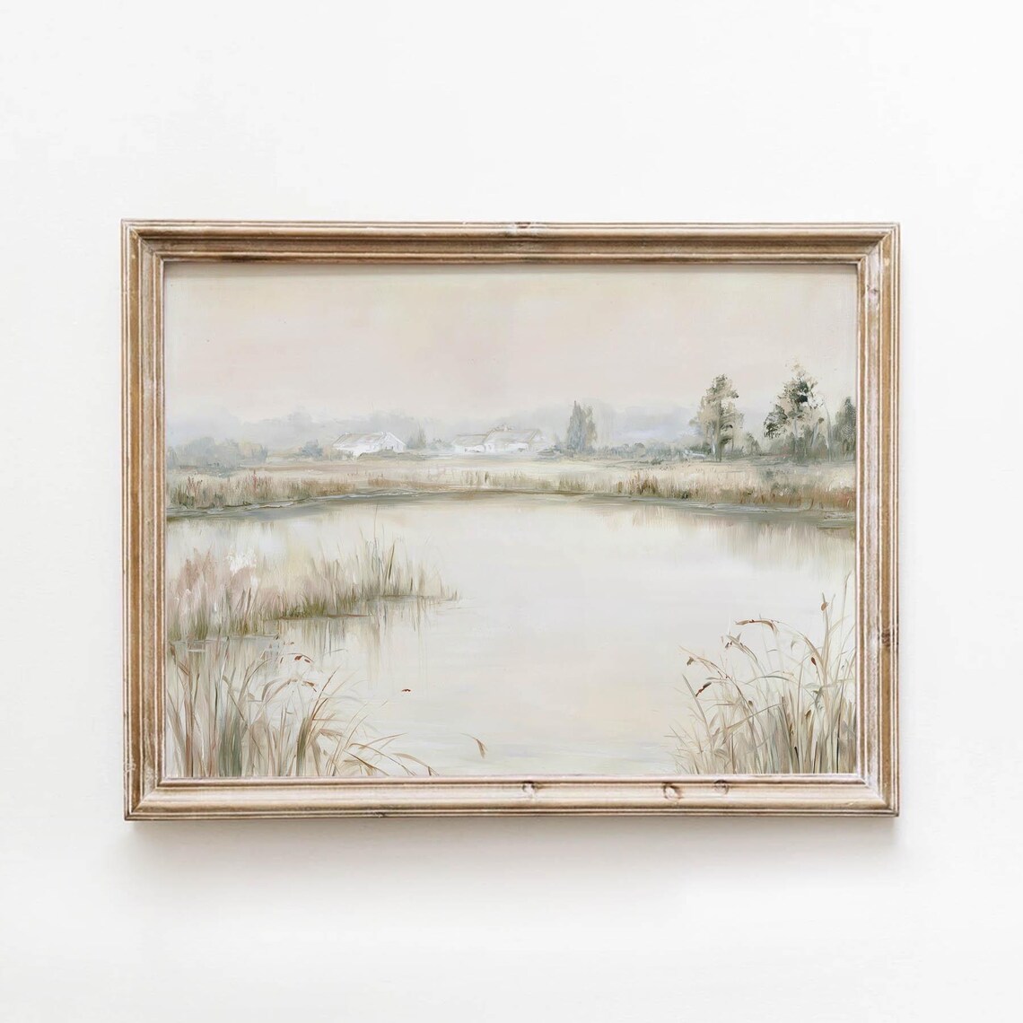 Calm Lake Landscape Painting Marsh Grasses Reeds Vintage Poster