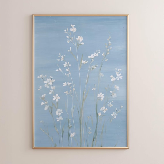 Printed White Wildflowers Coastal Wall Art Dusty Blue Background Romantic Botanical Summer Neutral Decor P652