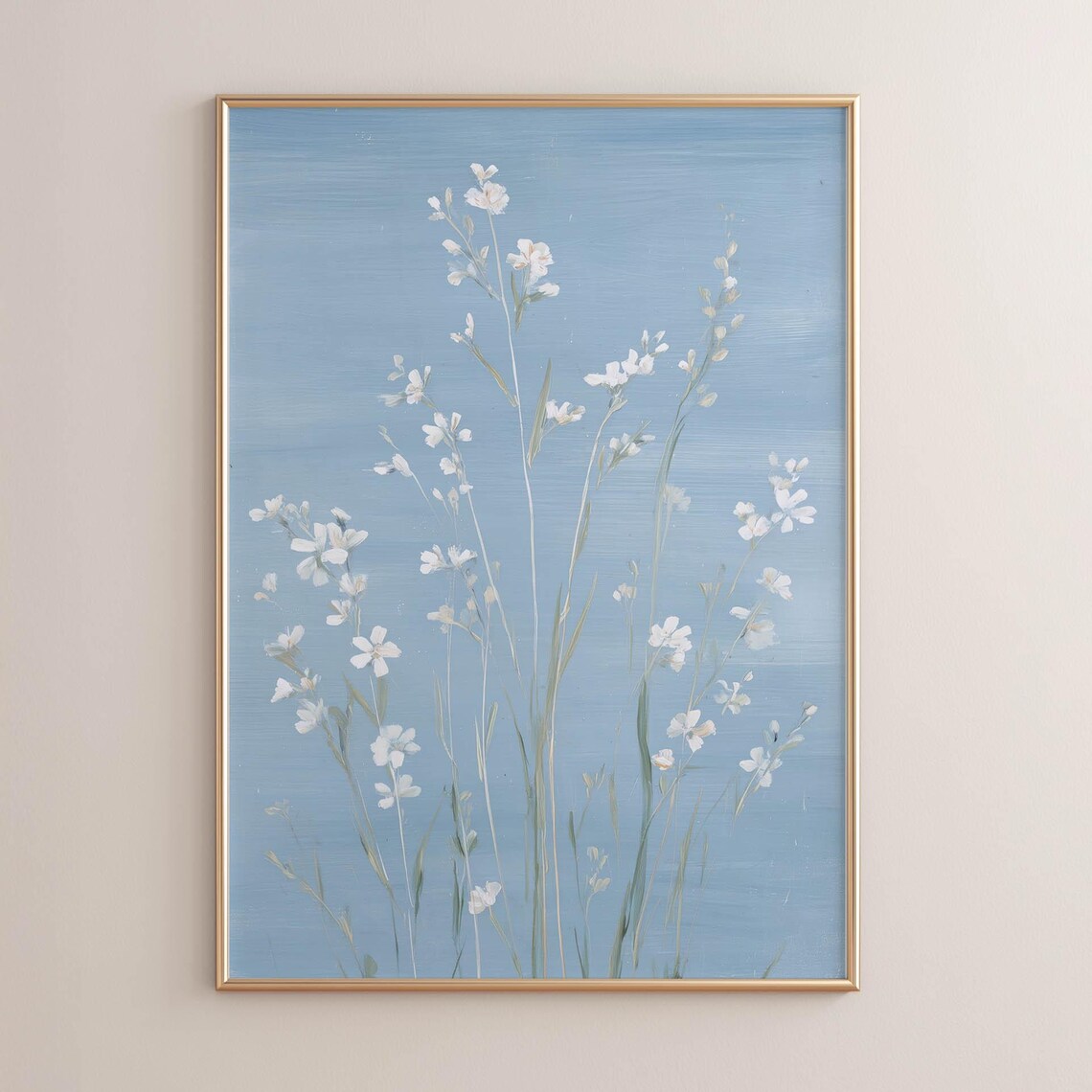 White Wildflowers On Dusty Blue Minimalist Coastal Botanical Wall Art